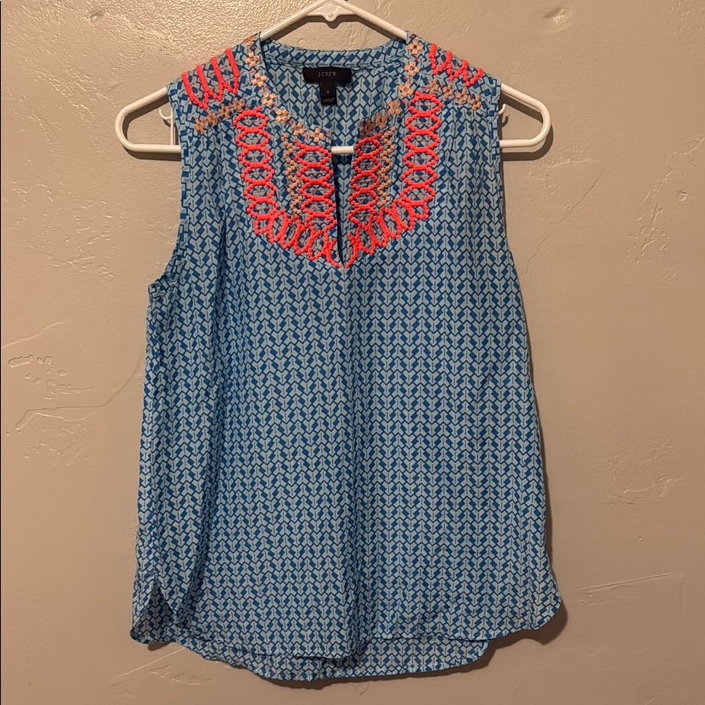 J. Crew Blue Patterned Sleeveless Blouse with Embroidered Neckline 0